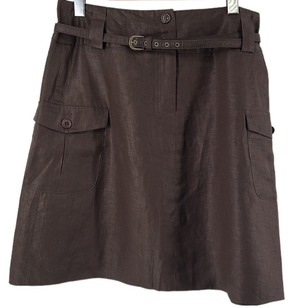 Alexandra Bartlett skirt linen brown sheen belt luxury minimalist career sz 6